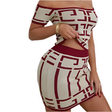 (S~L)💋 Sexy Geometric Off-Shoulder Crop Top Tight Skirt Two-Piece Set.