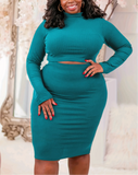 (XL~5XL) 💋 Women Plus Size Long Sleeve Round Neck Long Sleeve Crop Top Tight Skirt Set