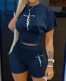 (S~3XL) 💋 Women Printed Short Sleeve Neck Top And Shorts  Set