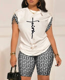 (S~3XL)💋 Women Fashion Graphic Round Neck Short Sleeve Top Shorts Set.