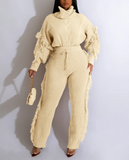 (S~2XL)💋 Women Fashion Casual Color Knitted Long Sleeve High Collar Tassel Top Pants Two-Piece Set