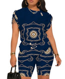 (S~3XL)💋 Women Fashion Graphic Round Neck Short Sleeve Top Shorts Set.