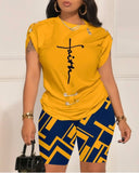 (S~3XL)💋 Women Fashion Graphic Round Neck Short Sleeve Top Shorts Set.