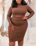(XL~5XL) 💋 Women Plus Size Long Sleeve Round Neck Long Sleeve Crop Top Tight Skirt Set