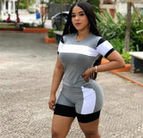 (S-3XL) 💋 Women Contrast Casual Round Neck Short Sleeve Top And Shorts Set