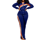 (S~3XL) 💋 Women Printed Long Sleeve Zipper Stand Collar Top & Pants Casual Set