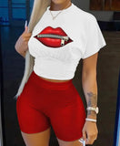 (S~3XL) 💋 Women Printed Short Sleeve Neck Top And Shorts  Set