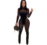 (S~XXL)💋 Women Sexy Striped Mesh;Mock Neck Long Sleeve Jumpsuit