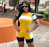 (S-3XL) 💋 Women Contrast Casual Round Neck Short Sleeve Top And Shorts Set