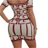 (S~L)💋 Sexy Geometric Off-Shoulder Crop Top Tight Skirt Two-Piece Set.