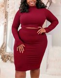 (XL~5XL) 💋 Women Plus Size Long Sleeve Round Neck Long Sleeve Crop Top Tight Skirt Set