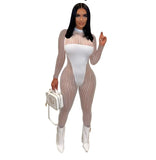 (S~XXL)💋 Women Sexy Striped Mesh;Mock Neck Long Sleeve Jumpsuit
