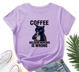 Women Casual Coffee Cat Black White Print Loose Round Neck Short Sleeve T-Shirt