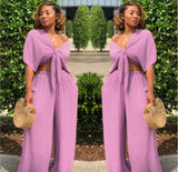 (S-XXL) 💋 Women Loose Wide Leg Pants Lace Up V-Neck Crop Top 2 Piece Set