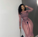 (S-2XL)💋 Women Elegant Color Blocking Long Sleeves Mesh See- through Bodycon Dress