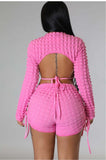 (S-XL) 💋 Bubble Fabric Backless Long Sleeve Crop Top And Drawstring Shorts Two-Piece Set