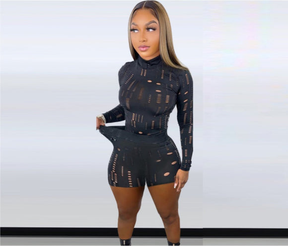 (S-XXL) 💋 Ripped Turtle Neck Top & Short Set