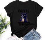 Women Casual Coffee Cat Black White Print Loose Round Neck Short Sleeve T-Shirt