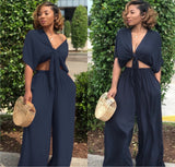 (S-XXL) 💋 Women Loose Wide Leg Pants Lace Up V-Neck Crop Top 2 Piece Set