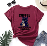 Women Casual Coffee Cat Black White Print Loose Round Neck Short Sleeve T-Shirt