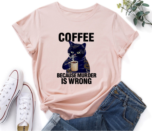 Women Casual Coffee Cat Black White Print Loose Round Neck Short Sleeve T-Shirt