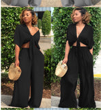 (S-XXL) 💋 Women Loose Wide Leg Pants Lace Up V-Neck Crop Top 2 Piece Set