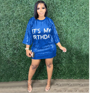 (S-XXL) 💋 Birthday Letter Round Neck Loose Sequin Dress