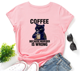 Women Casual Coffee Cat Black White Print Loose Round Neck Short Sleeve T-Shirt