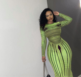 (S-2XL)💋 Women Elegant Color Blocking Long Sleeves Mesh See- through Bodycon Dress