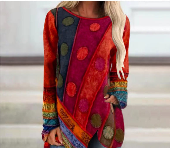 Women Autumn Retro Top Irregular Loose Long Sleeve T-Shirt