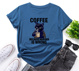 Women Casual Coffee Cat Black White Print Loose Round Neck Short Sleeve T-Shirt