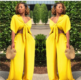 (S-XXL) 💋 Women Loose Wide Leg Pants Lace Up V-Neck Crop Top 2 Piece Set