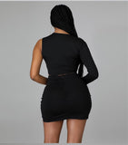 (S-XXL) 💋 One Sleeved Mesh Skirt, Single Crop Top And Bodycon Mini Dress CoOrd Set